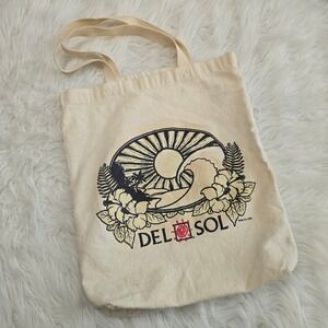 Del Sol Canvas Tote Bag Cream Cotton Tropical Wave Hibiscus Beach Shopper